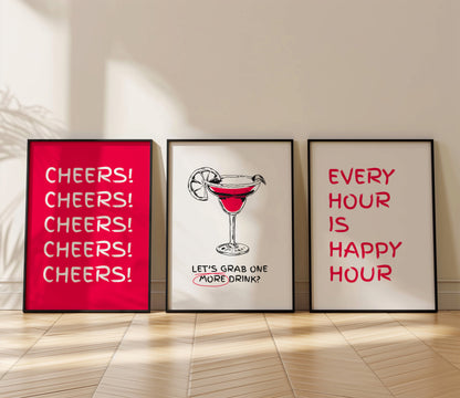 Sip & Celebrate: Vintage Happy Hour Wall Posters, Set of 3, D020