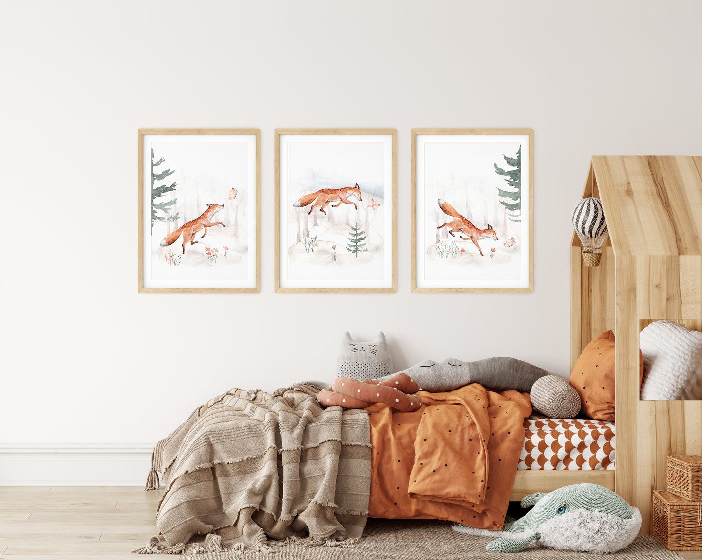 Set of 3, Playful Fox Adventure - Nursery Wall Decor Trio, N029