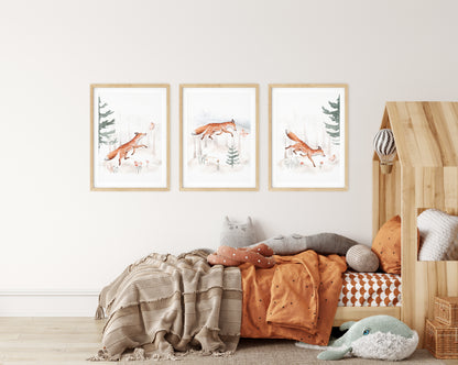 Set of 3, Playful Fox Adventure - Nursery Wall Decor Trio, N029