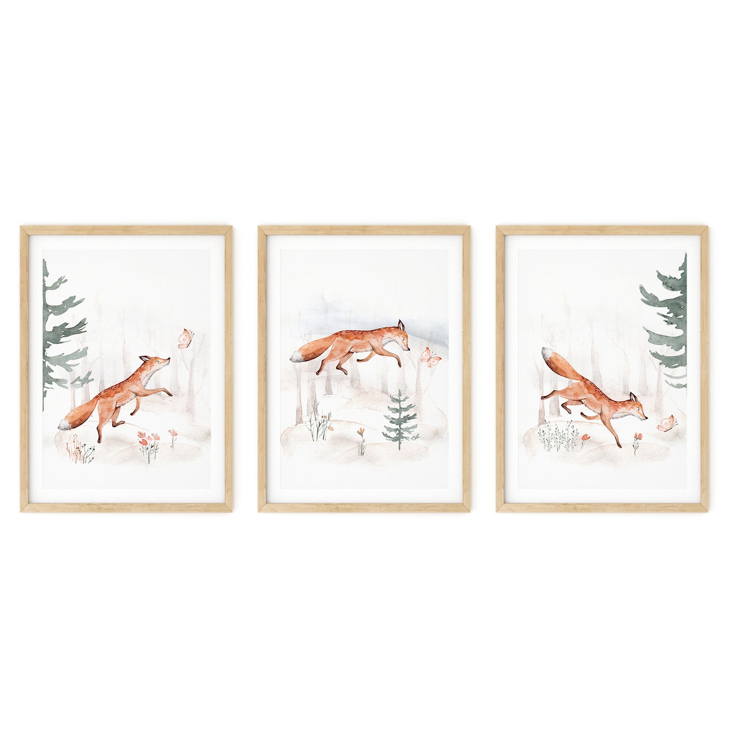 Set of 3, Playful Fox Adventure - Nursery Wall Decor Trio, N029