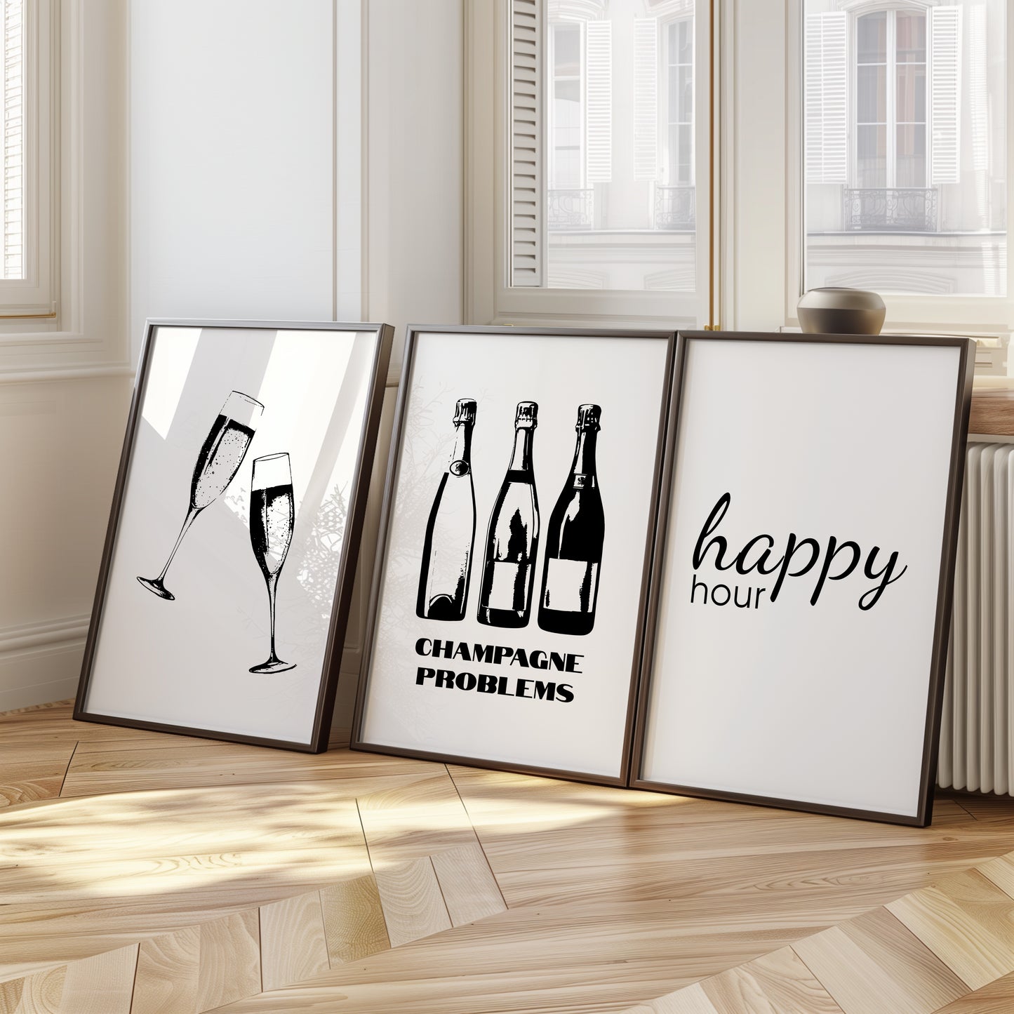 Cheers & Bubbles: Chic Champagne Trio Wall Art, Set of 3, D029