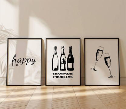 Cheers & Bubbles: Chic Champagne Trio Wall Art, Set of 3, D029