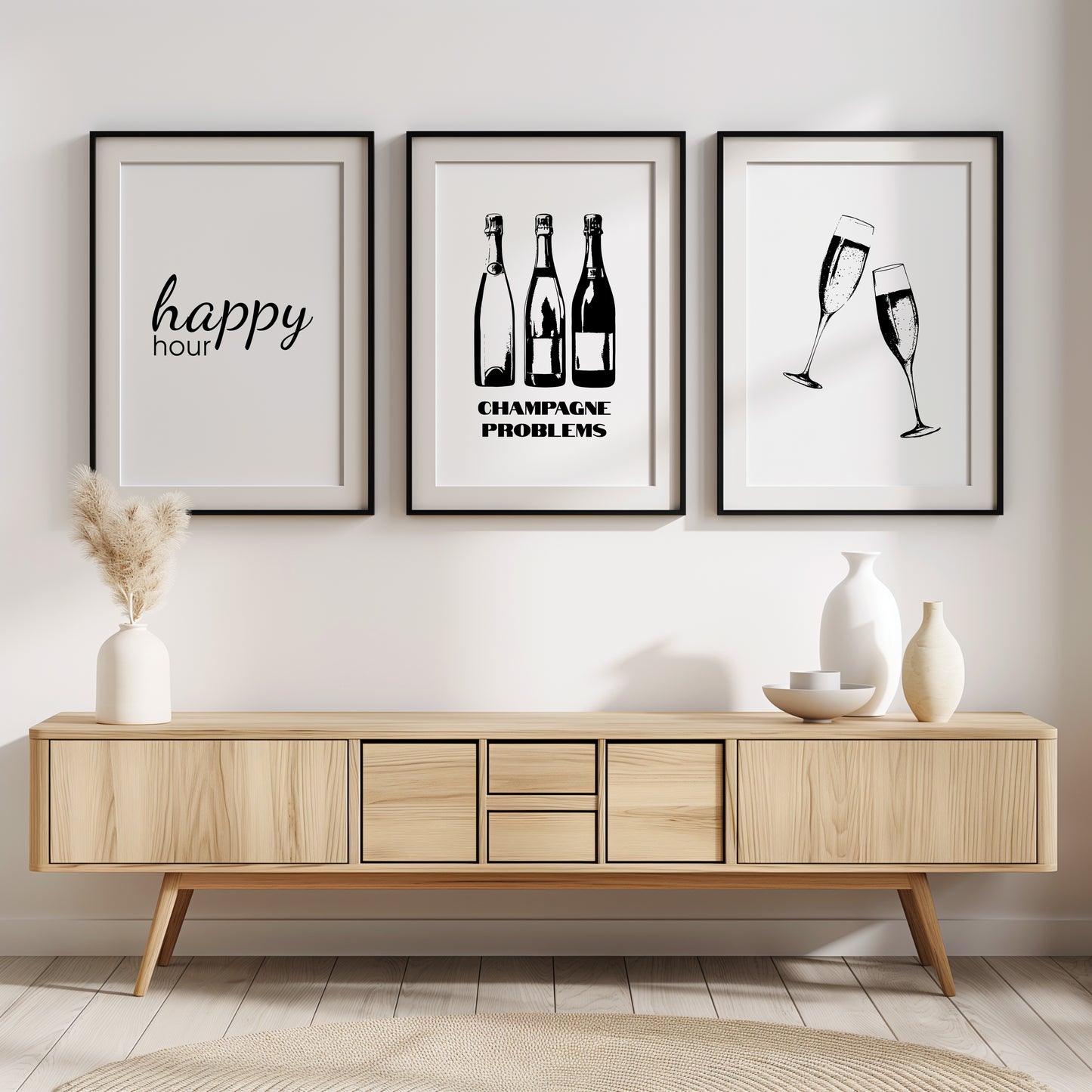 Cheers & Bubbles: Chic Champagne Trio Wall Art, Set of 3, D029