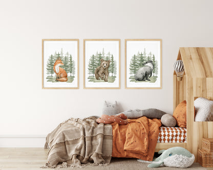 Forest Friends Nursery Art Set – Woodland Animals Wall Decor, Set of 3, N031