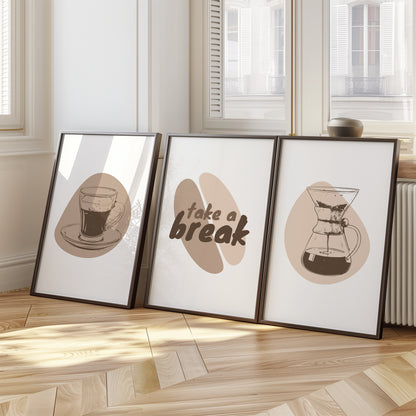 Caffeine Escape Set - Minimalist Coffee Art for Home Decor, Set of 3, D032