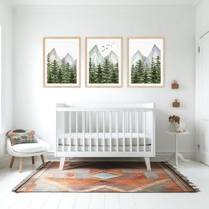 Set of 3 Tranquil Mountain Peaks - Forest Escape Nursery Art, N034