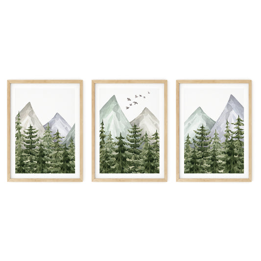 Set of 3 Tranquil Mountain Peaks - Forest Escape Nursery Art, N034