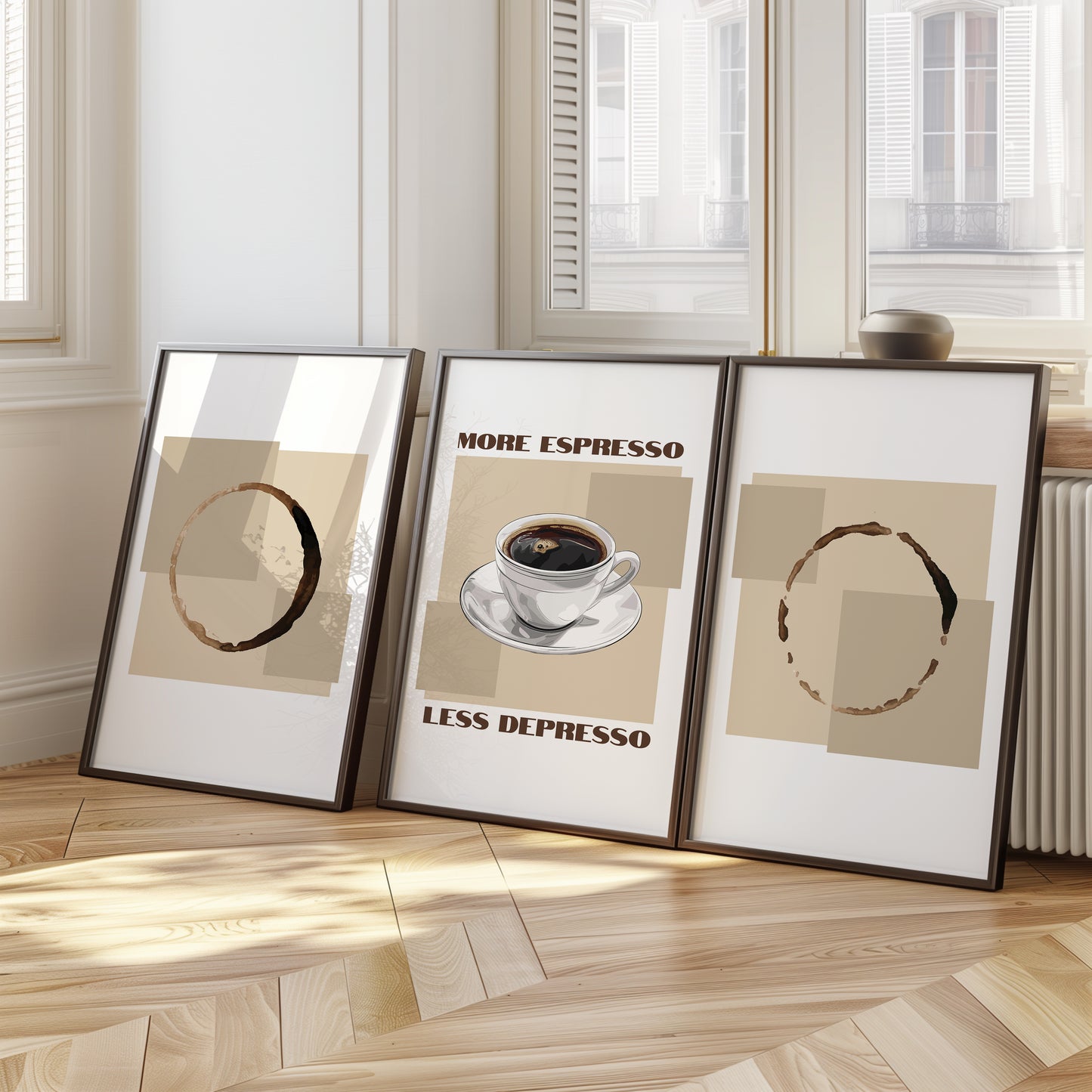 Caffeine Comfort: Minimalist Espresso Prints, Set of 3, D037