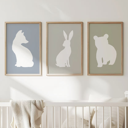 Custom Woodland Silhouettes – Fox, Hare, Bear Wall Art for Nursery, Set of 3, N037