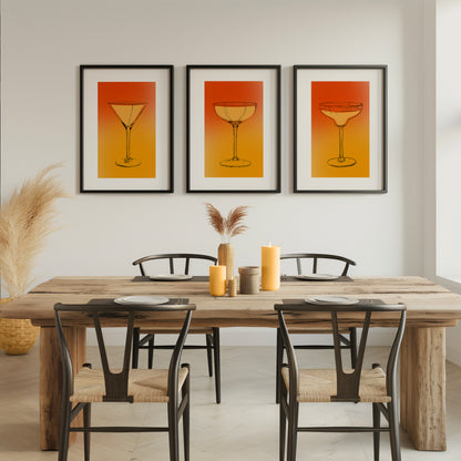 Sophisticated Sips: Bold Glassware Wall Prints, Set of 3, D041