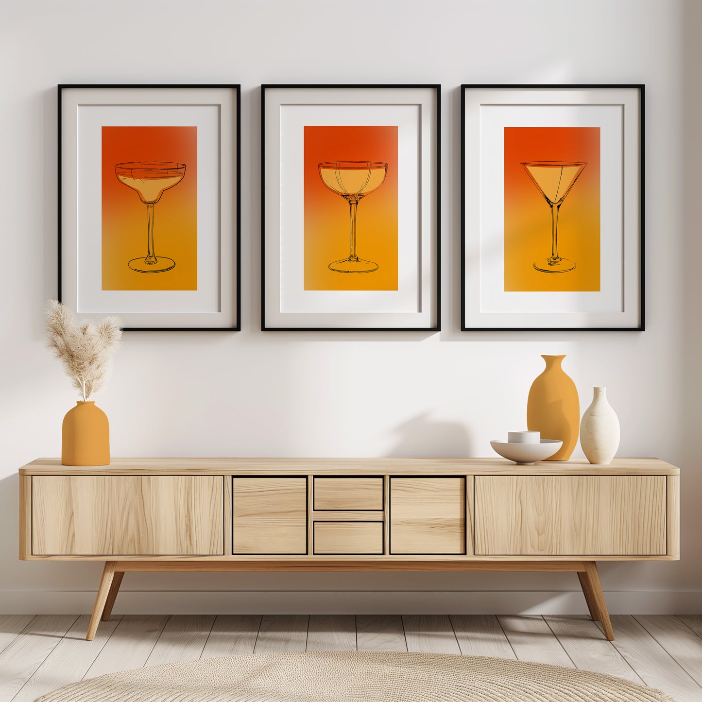 Sophisticated Sips: Bold Glassware Wall Prints, Set of 3, D041