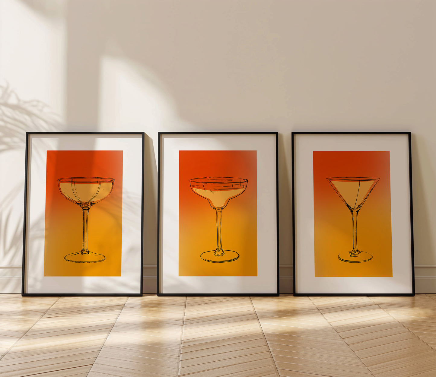 Sophisticated Sips: Bold Glassware Wall Prints, Set of 3, D041