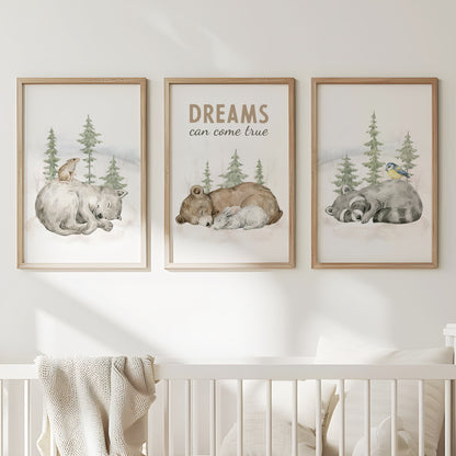 Woodland Dreams Trio - Bear, Wolf, Raccoon Wall Art, Set of 3, N048