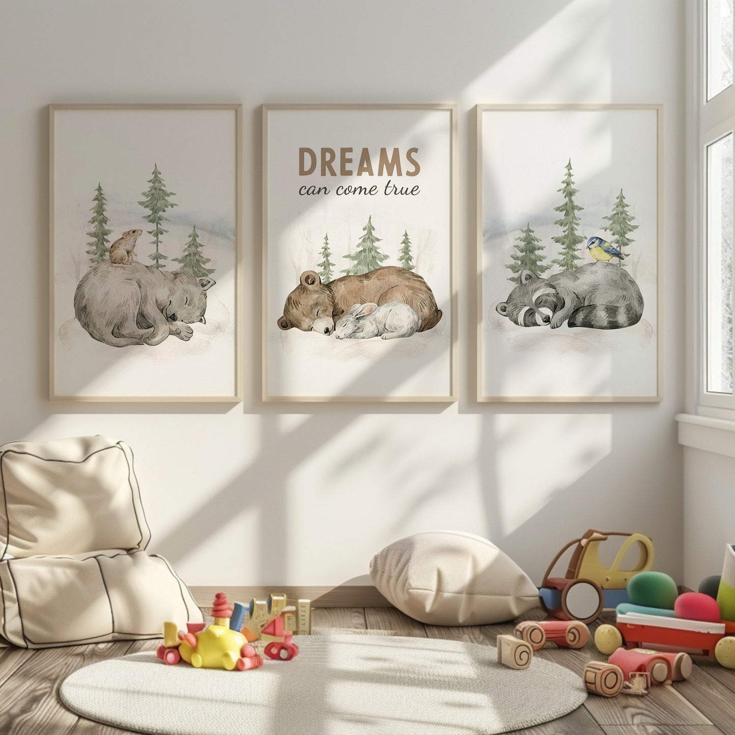 Woodland Dreams Trio - Bear, Wolf, Raccoon Wall Art, Set of 3, N048