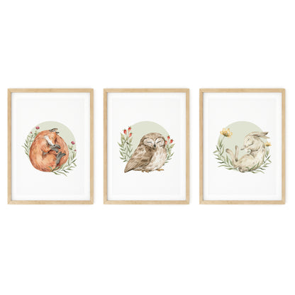 Forest Creatures Serenity: Animal Wall Art for Kids' Room, Set of 3, N051