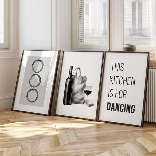 Monochrome Kitchen Moments: Wine & Rhythm, Set of 3, D062