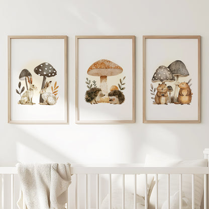 Woodland Mushroom Friends Nursery Art Set, Set of 3, N063