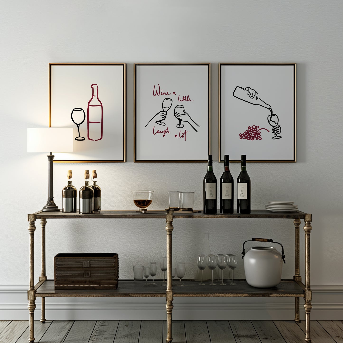 The Wine Whisperers: A Minimalist Tribute to Life’s Sweet Sips, Set of 3, D064