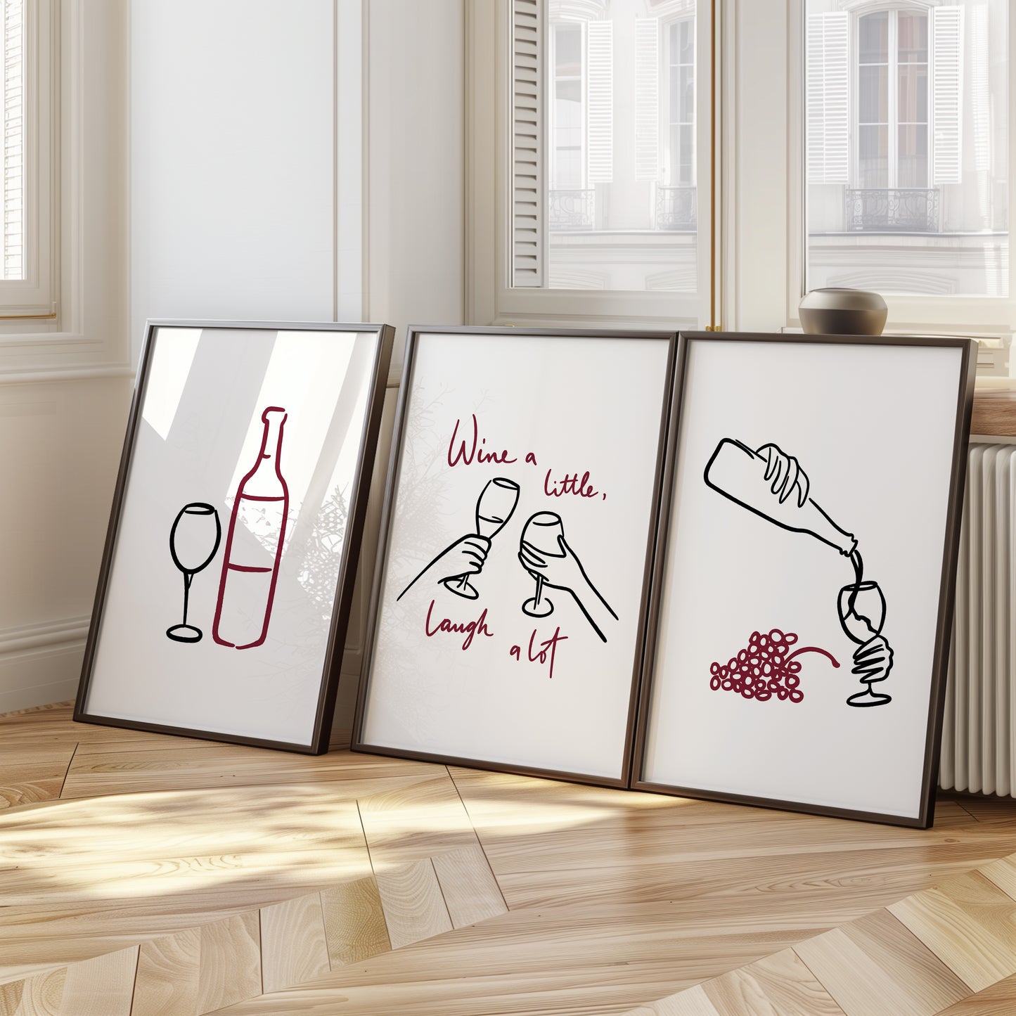 The Wine Whisperers: A Minimalist Tribute to Life’s Sweet Sips, Set of 3, D064