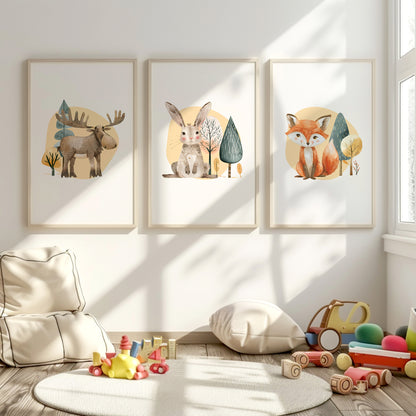 Whimsical Woodland Friends: Animal Nursery Prints, Set of 3, N066