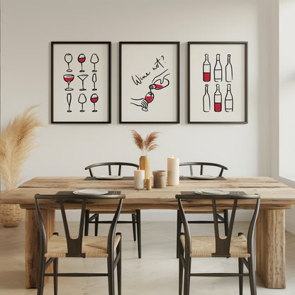 Modern Wine Wall Art - Wine Not? Glasses & Bottles Minimalist Posters, Set of 3, D068