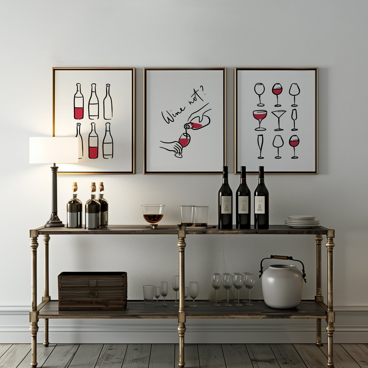 Modern Wine Wall Art - Wine Not? Glasses & Bottles Minimalist Posters, Set of 3, D068