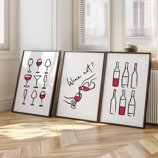 Modern Wine Wall Art - Wine Not? Glasses & Bottles Minimalist Posters, Set of 3, D068