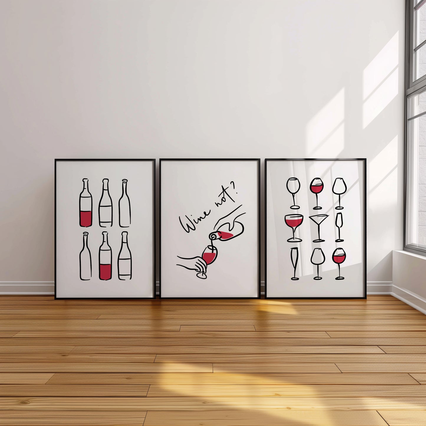 Modern Wine Wall Art - Wine Not? Glasses & Bottles Minimalist Posters, Set of 3, D068