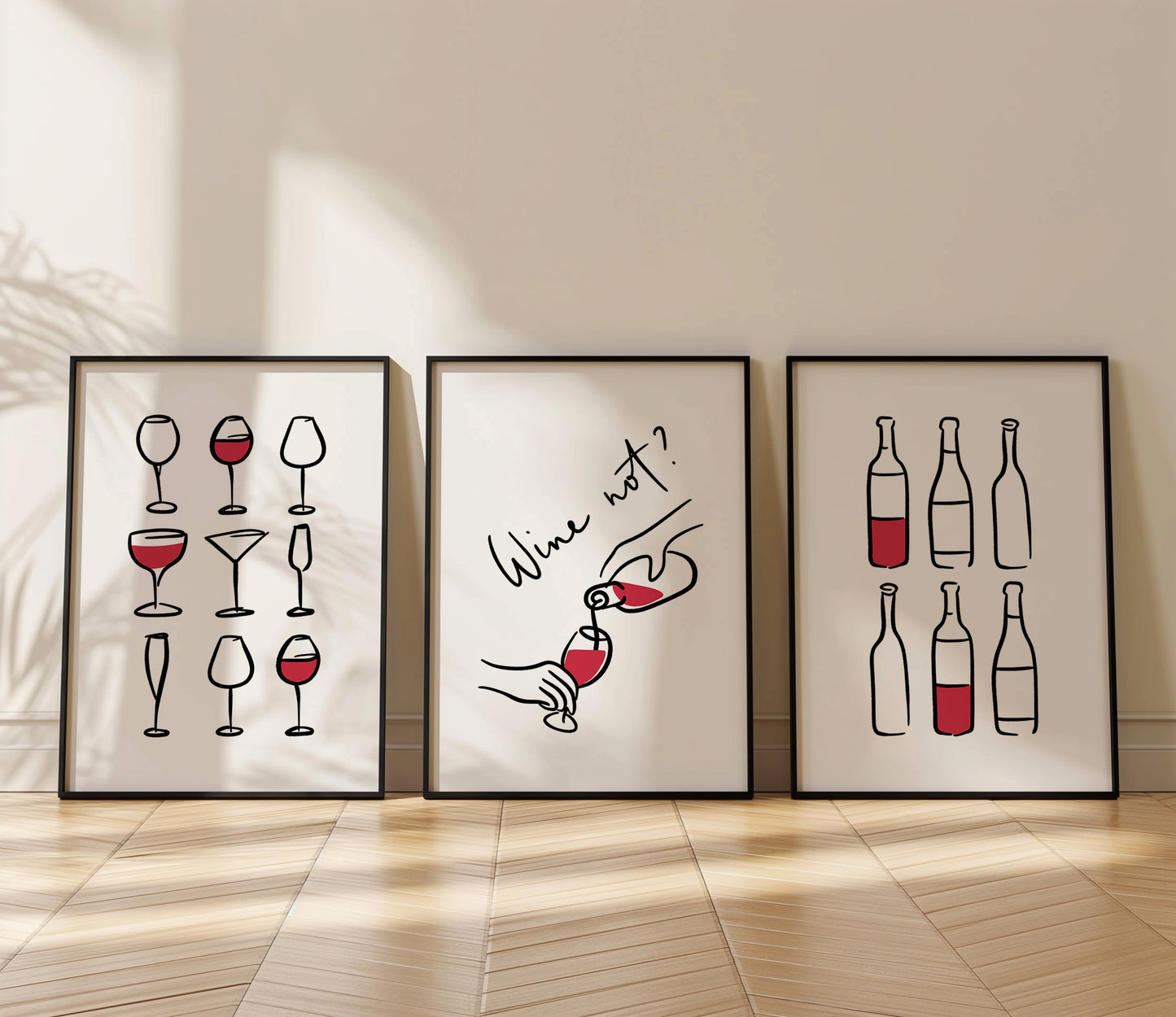 Modern Wine Wall Art - Wine Not? Glasses & Bottles Minimalist Posters, Set of 3, D068