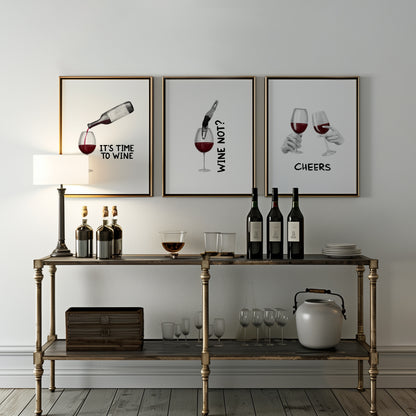 Elegant Wine Art Prints – Perfect Cheers and Pouring Aesthetics, Set of 3, D069