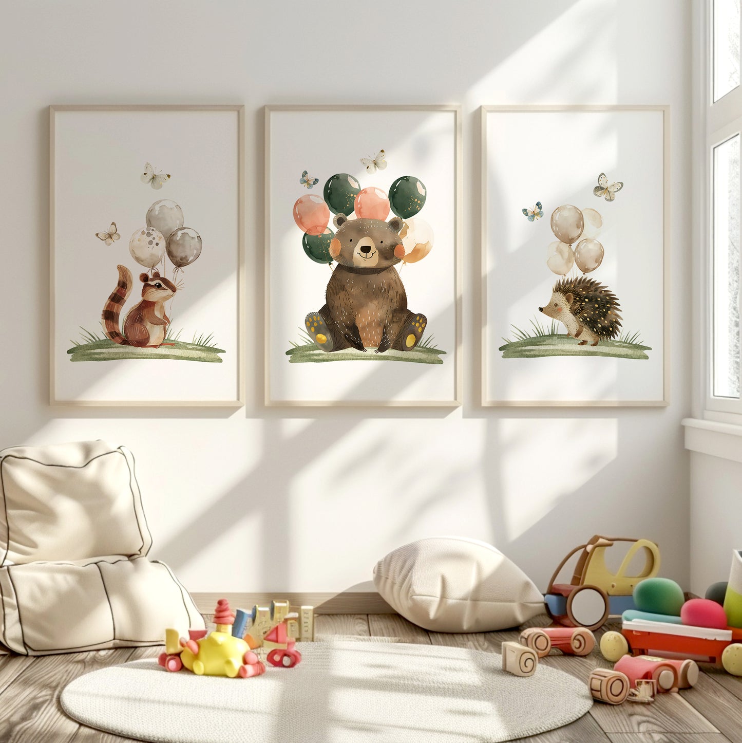 Whimsical Woodland Animals with Balloons, Set of 3, N072