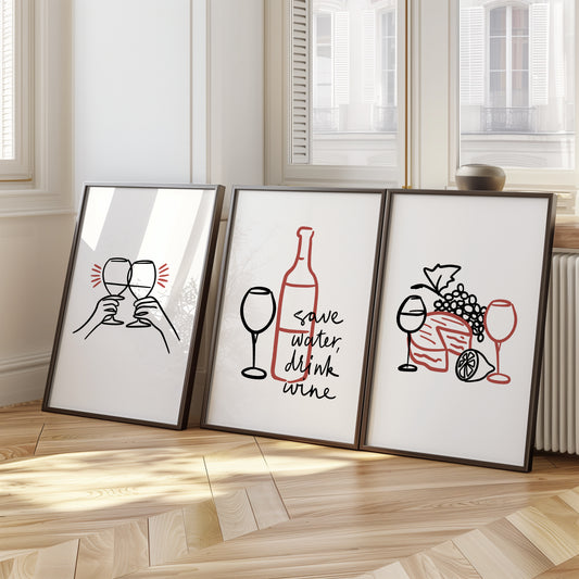 Wine & Lines - Contemporary Bar Décor, Set of 3, D075