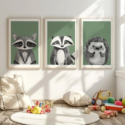 Cute Woodland Animals Nursery Decor, Set of 3, N076