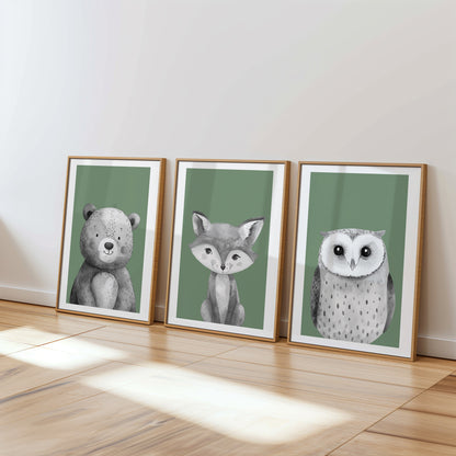 Cute Woodland Animals Nursery Decor, Set of 3, N076