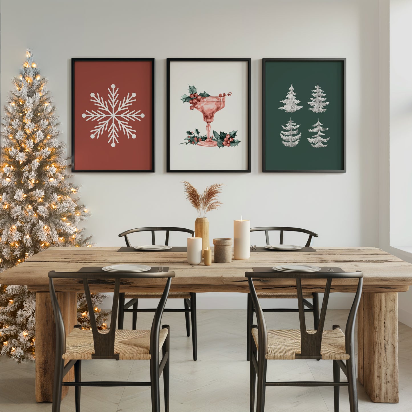 Snowflakes, Trees, and Cheers Wall Art, Set of 3, D079