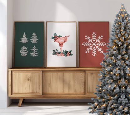 Snowflakes, Trees, and Cheers Wall Art, Set of 3, D079