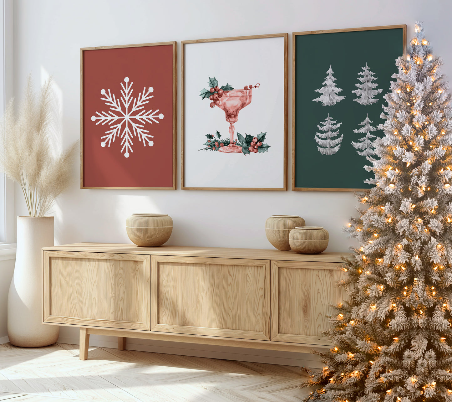 Snowflakes, Trees, and Cheers Wall Art, Set of 3, D079