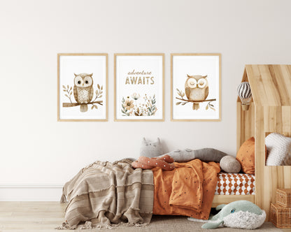 Woodland Owl Adventure Set – “Adventure Awaits” Nursery Art Trio, Set of 3, N082