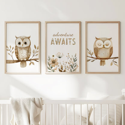 Woodland Owl Adventure Set – “Adventure Awaits” Nursery Art Trio, Set of 3, N082