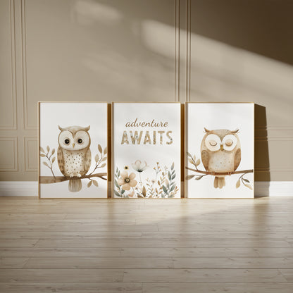 Woodland Owl Adventure Set – “Adventure Awaits” Nursery Art Trio, Set of 3, N082