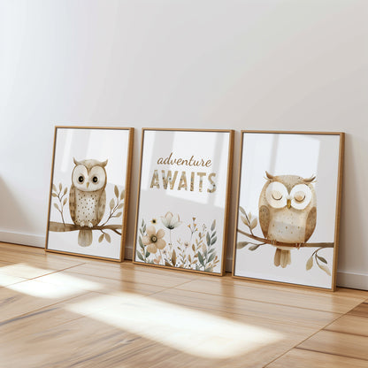 Woodland Owl Adventure Set – “Adventure Awaits” Nursery Art Trio, Set of 3, N082