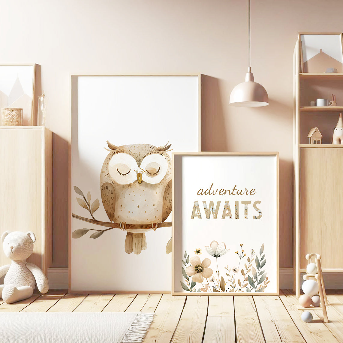 Woodland Owl Adventure Set – “Adventure Awaits” Nursery Art Trio, Set of 3, N082