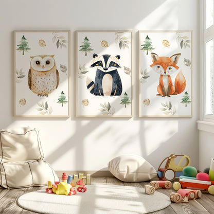 Forest Companions Collection – Choose Any 3 Animal Prints for Kids' Room, Set of 3, N083