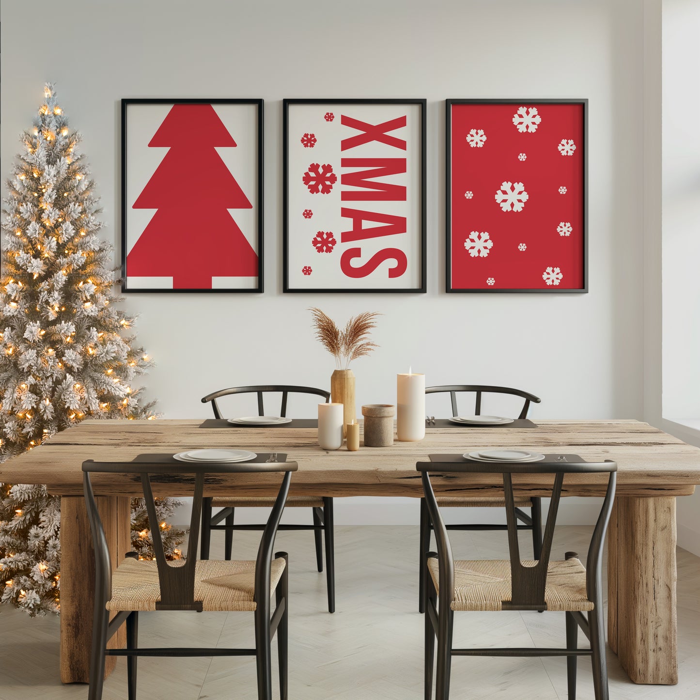 Festive Charm: Snowflakes, Xmas, and Tree Posters, Set of 3, D087