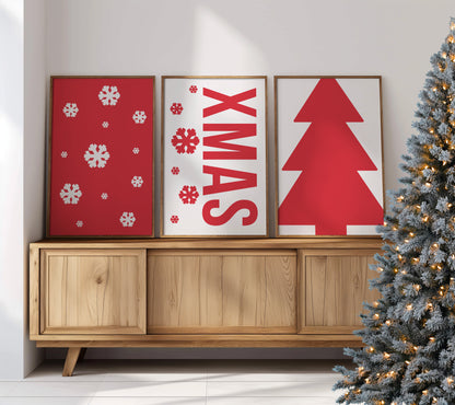 Festive Charm: Snowflakes, Xmas, and Tree Posters, Set of 3, D087