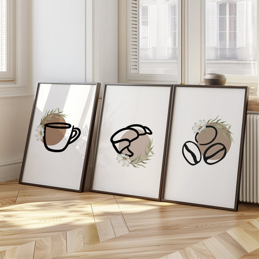 Cozy Café Vibes: Coffee, Croissants & Beans Trio, Set of 3, D090