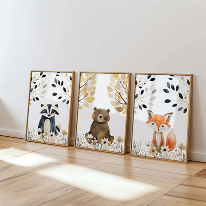 Adorable Woodland Animal Prints for Nursery Decor, Set of 3, N091