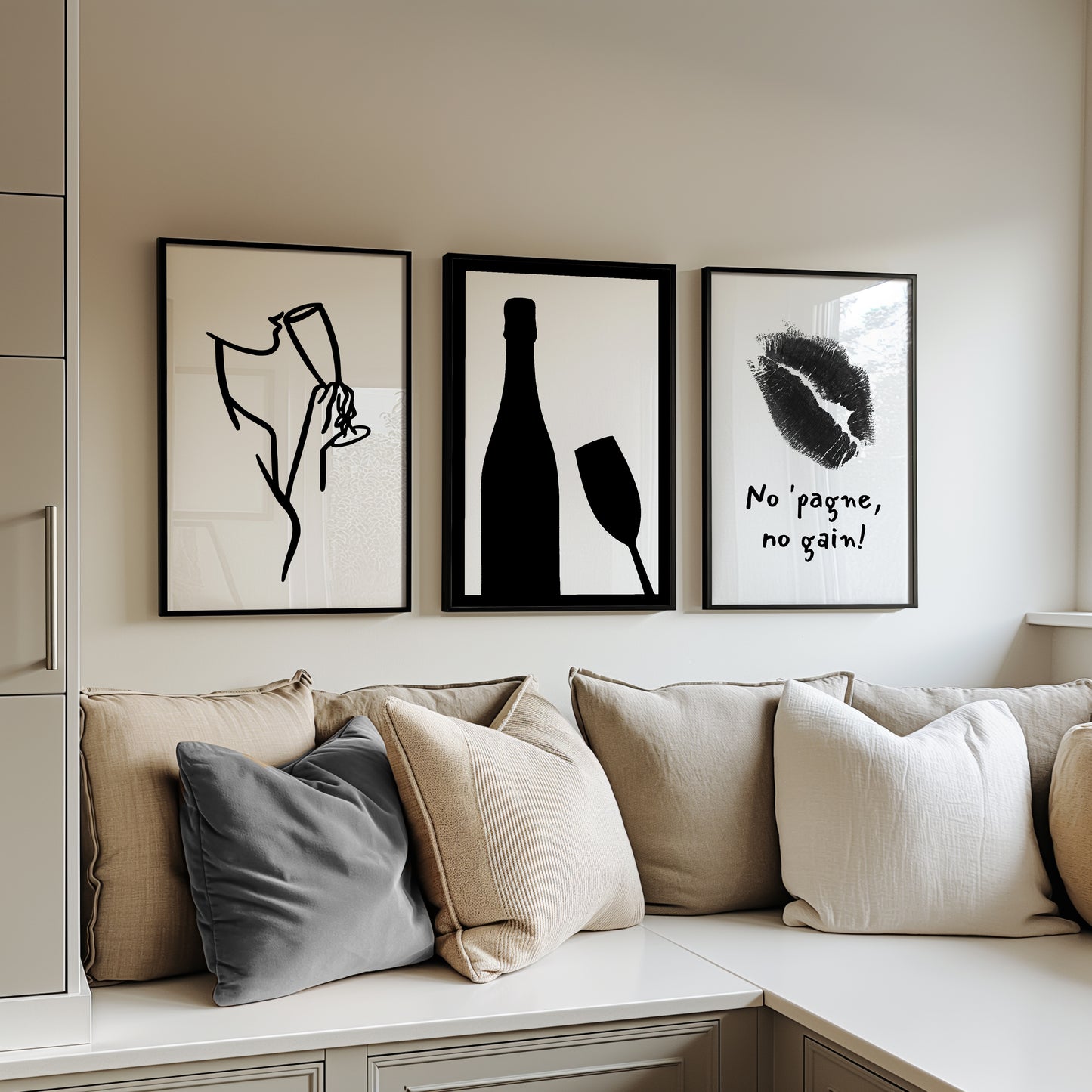 Toast to Elegance: Monochrome Champagne Art Trio, Set of 3, D092