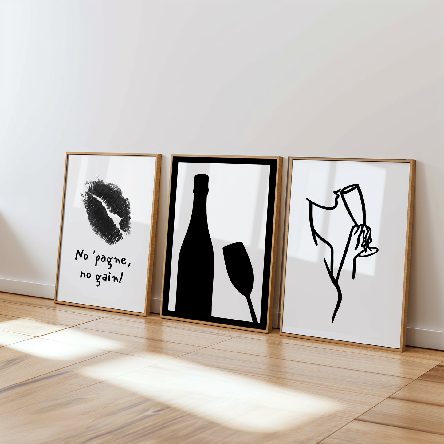 Toast to Elegance: Monochrome Champagne Art Trio, Set of 3, D092