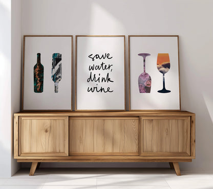 "Dreamy Wine Art Collection - Textured Bottles and Glasses, Set of 3, D095